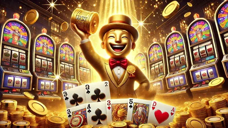 Layar slot video dengan reel, simbol bonus, dan efek permainan
